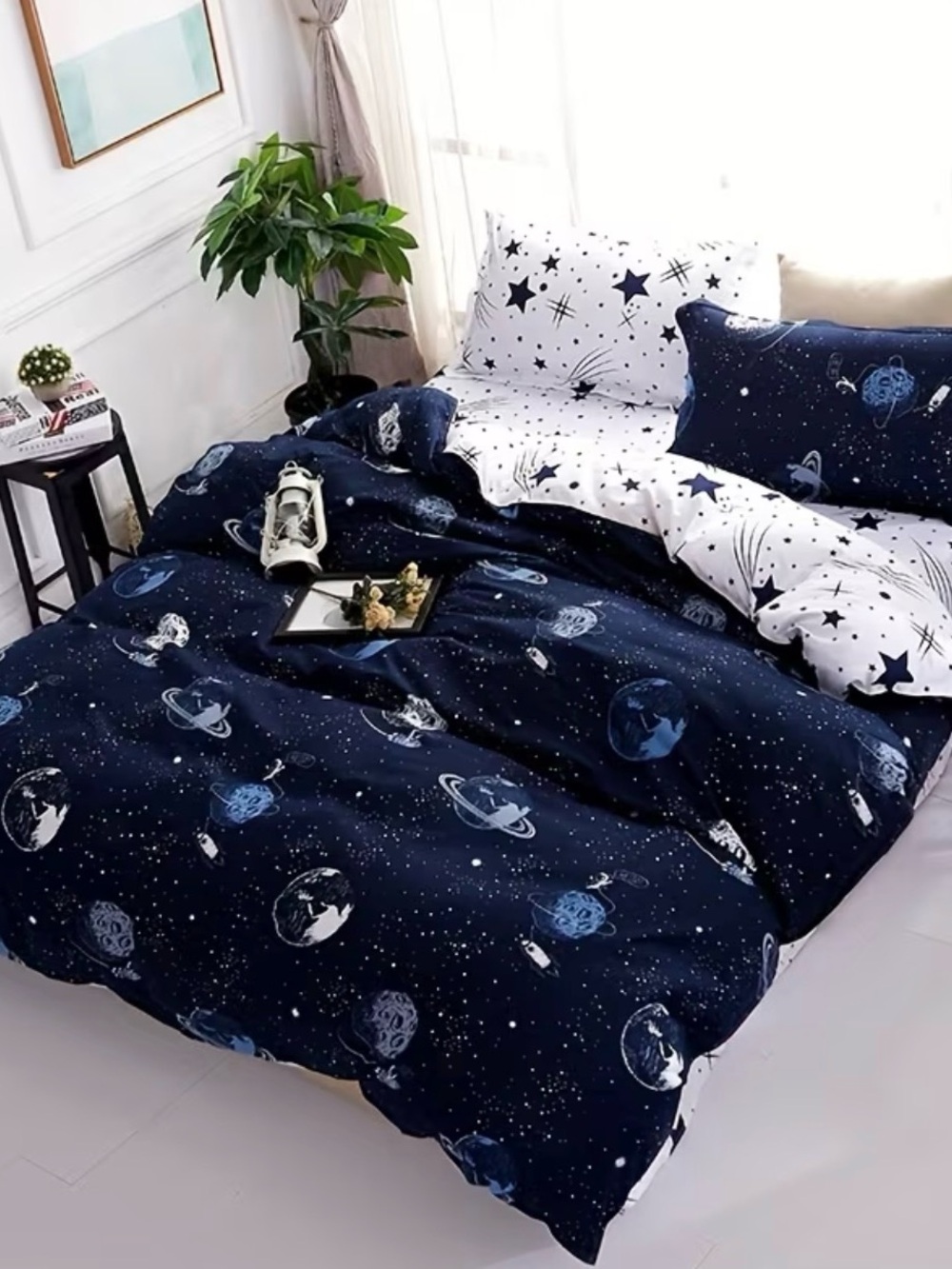 Twin Size Navy Blue & White Space Astronaut Duvet Cover Set 2 Pillowcases NEW